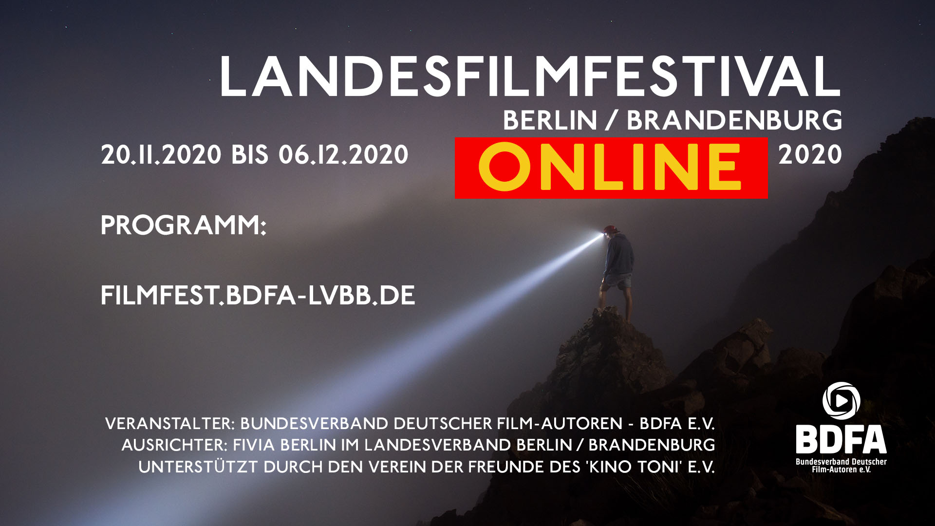 Festivalplakat, Kletterer mit Stirnlampe. Vertagt!